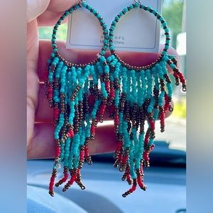 New turquoise copper orange western boho dangle rice bead earrings
